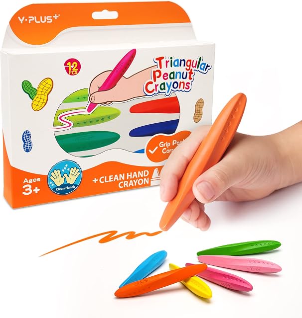YPLUS Triangle Peanut Crayons for Kids, 12 Colors Non-Toxic Washable Crayons for Toddlers, Handwriting Posture Correction Coloring Art Supplies
