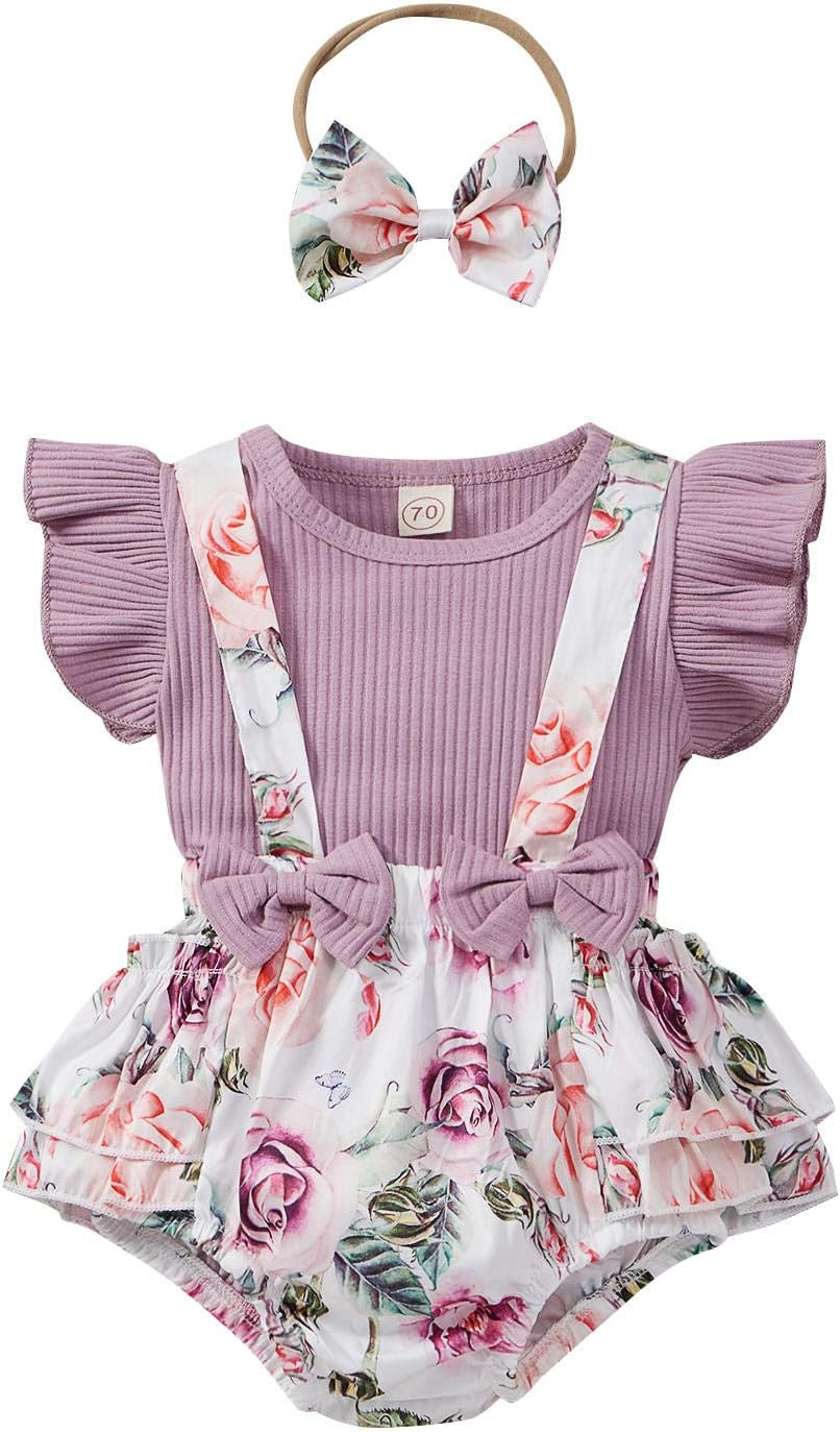 Infant Newborn Baby Girl Floral Summer Outfits Ruffle Sleeve Ribbed T-Shirt and Suspender Shorts with Headband