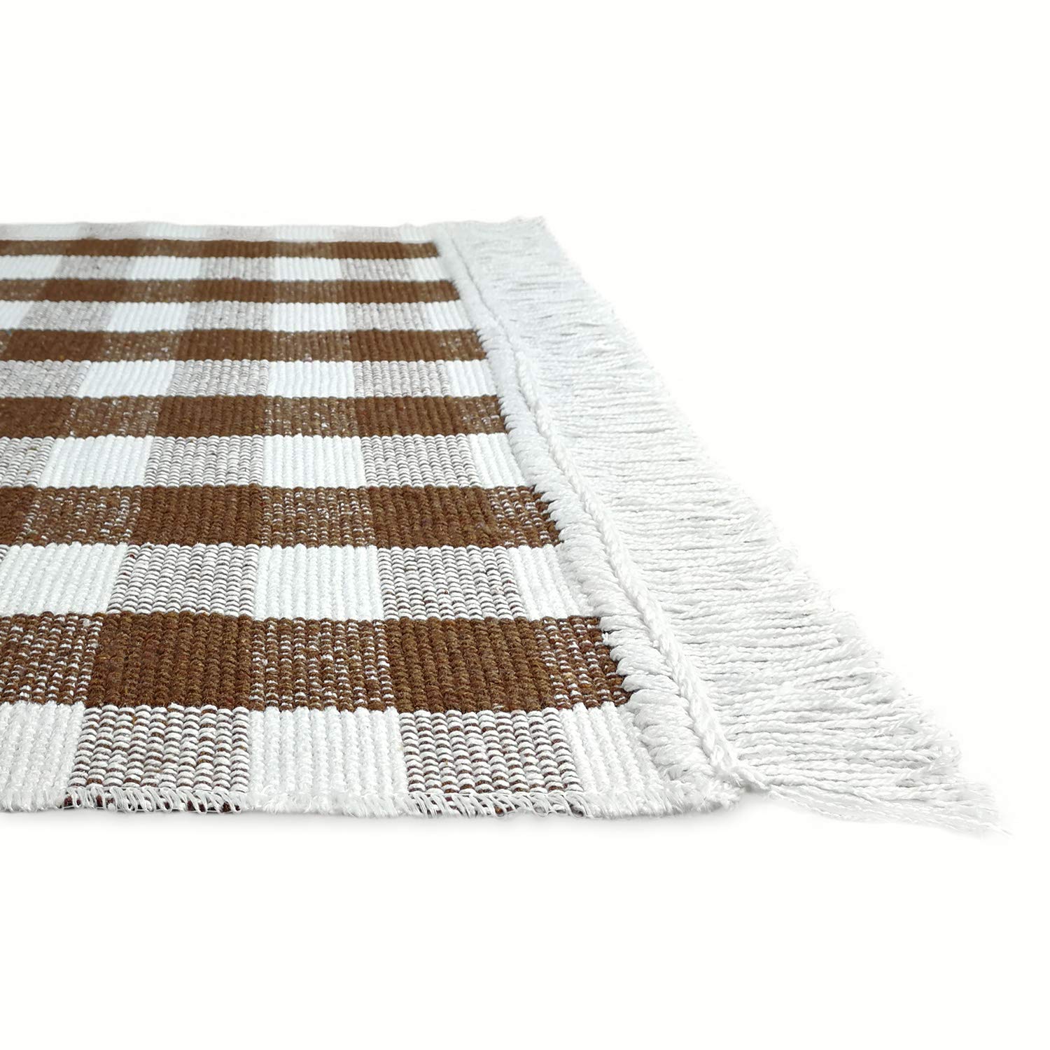 WohnDirect Alfombra de Cocina a Cuadros 50 x 135 cm marrón para la Cocina, el Pasillo, la Sala de Estar • Corredor de Cocina Lavable a máquina • Alfombra Hecha de 100% algodón con Flecos juguetones
