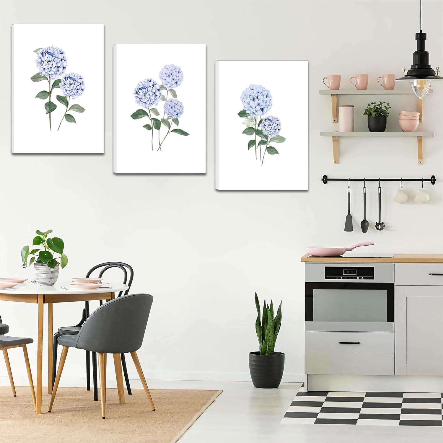 Hydrangea Wall Art Set of 3, Blue Floral Canvas Posters Print Picture, Blue Watercolor Botanical Wall Decor, Modern Minimalist Botanical Room Decor, for Living Bedroom Gallery Decor 16x24in Framed