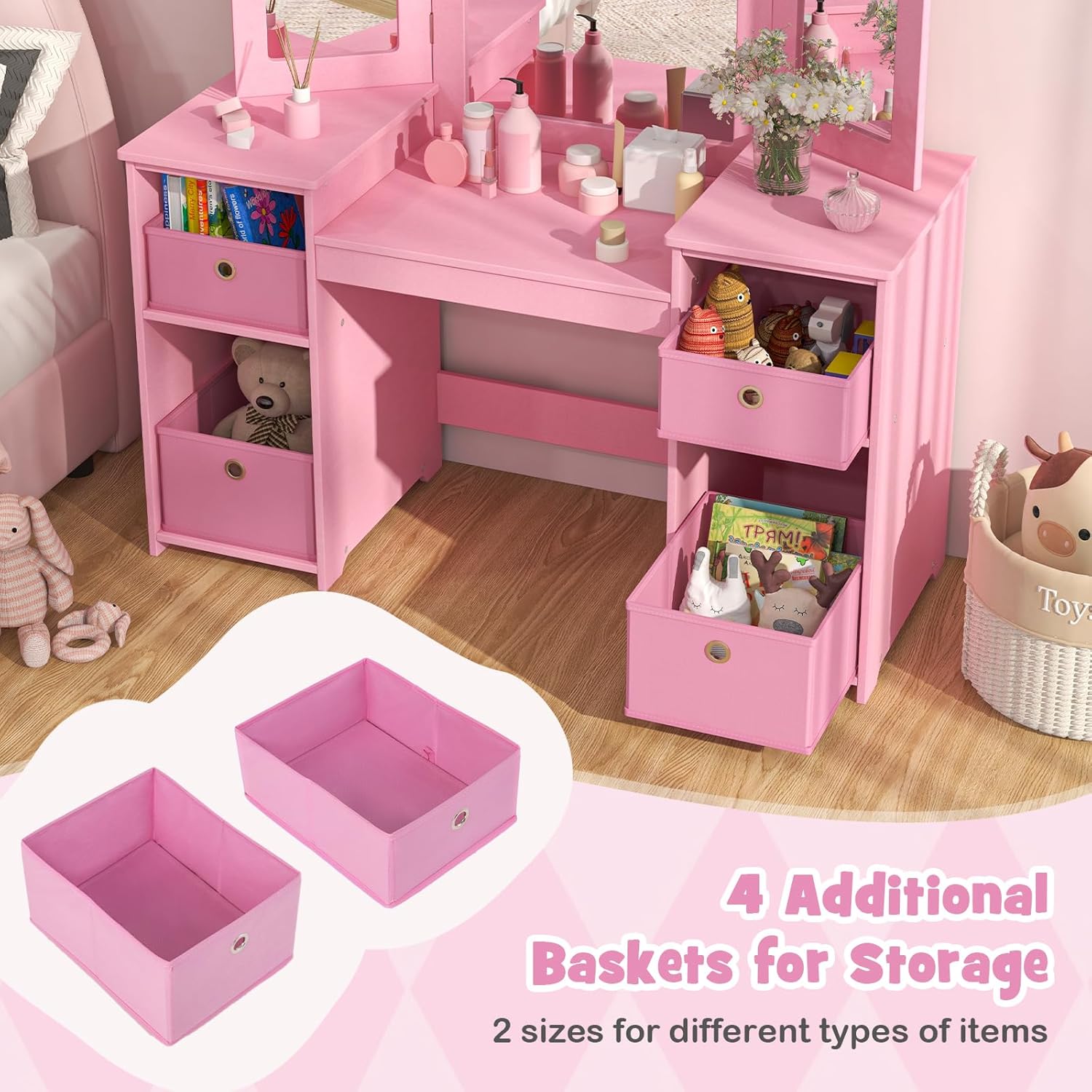 INFANS Kids Vanity, 2 in 1 Princess Makeup Desk and Chair Set with 4 Drawers Tri-Folding Detachable Mirror Large Storage Shelves, Wooden Dressing Table, Pretend Play Vanity Set for Toddler Girls