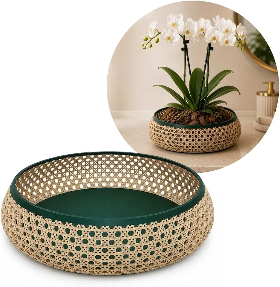 Vaso Baixo Cachepot Redondo Rústico Design Palhinha Treliça Rattan Sintético Prime 23cm - Mundial Casa