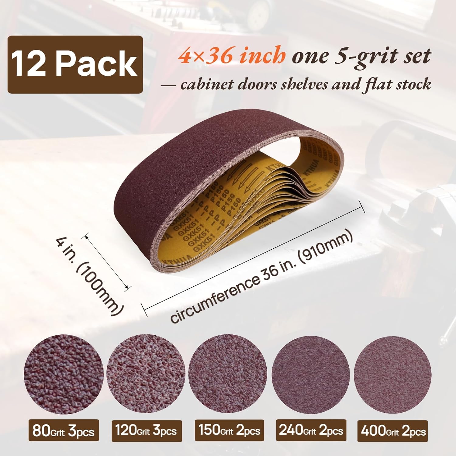 Sanding Belts 4x36 Inch: 12-Pack 80–400 Grit — Anti-Clog Metal Deburring & Heavy-Duty Woodworking — Strong Seamless Joint Fits 4 x 36 Benchtop Belt Sanders