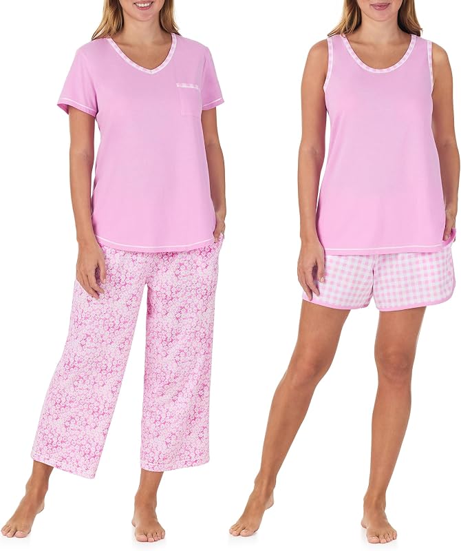 Carole Hochman Conjunto de pijama de mujer 100% algodón de 4 piezas para dormir y descansar | remera con cuello en V y pijama sin mangas para mujer, pantalones y pantalones cortos Capri PJ con bolsillos, ropa de dormir y ropa de dormir ligera y transpirable