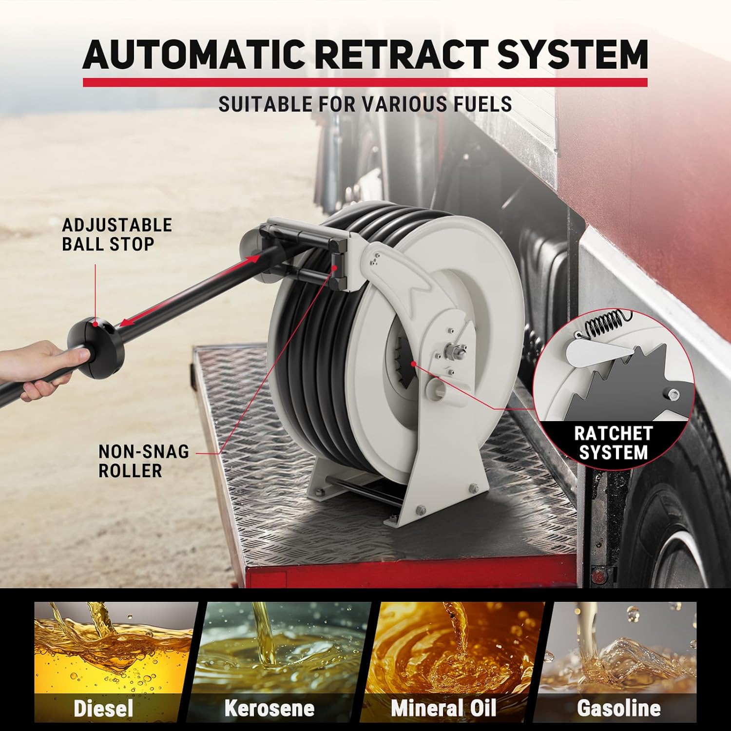Diesel Fuel Hose Reel Retractable 3/4 inch x 50ft, Spring Driven Automatic Rewind, 300 PSI Industrial Heavy Duty Steel Construction Auto Swivel Hose Reels for Truck Aircraft Ship Vehicle Tank Trailer