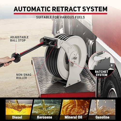 Miniatura 10 de Carrete de manguera de combustible, manguera diésel retráctil de 1 pulgada x 50 pies, manguera diésel de acero al carbono industrial de 300 PSI,