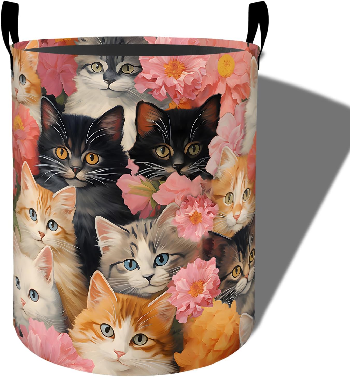 Cute Cat Laundry Basket, Peony Flower Design Foldable Oxford Cloth, Waterproof Dirty Clothes Hamper with Handles, Clothing Storage Bucket Toy Organizer for Bathroom Bedroom Dorm, 19.7"x15.7"