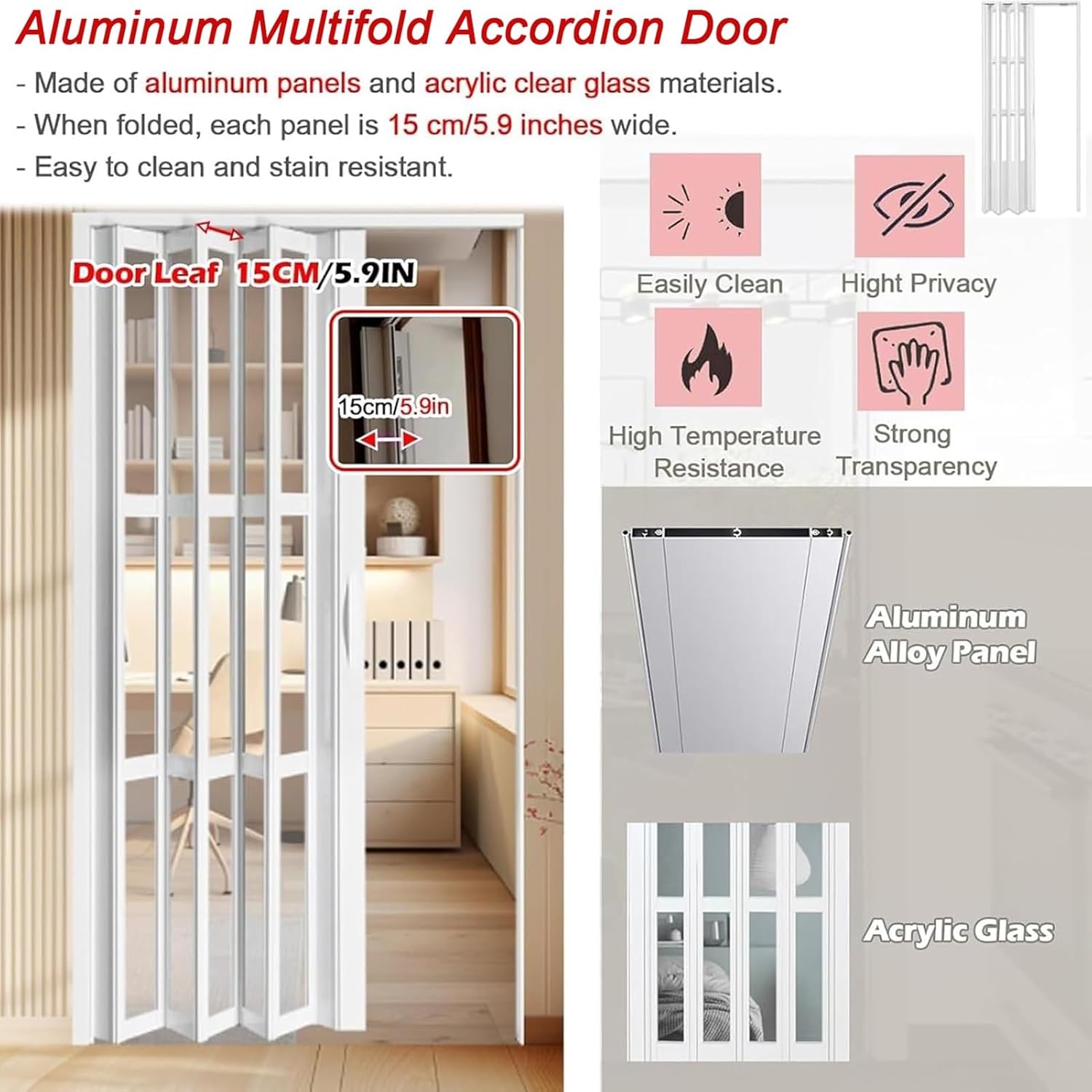 Customizable 71-94" Tall White Sliding Accordion Doors with Handles & Acrylic Glass, Magnetic Folding Double Doors for Home/Office, Multiple Sizes/Colors Available