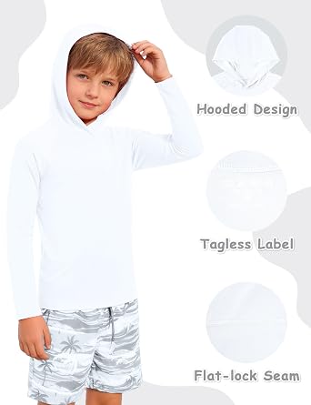Boys Hooded Long Sleeve Rash Guard Swim Shirt, Youth Kids UPF 50+ Fishing Shirt, Sun Protection Hiking Beach Hoodie