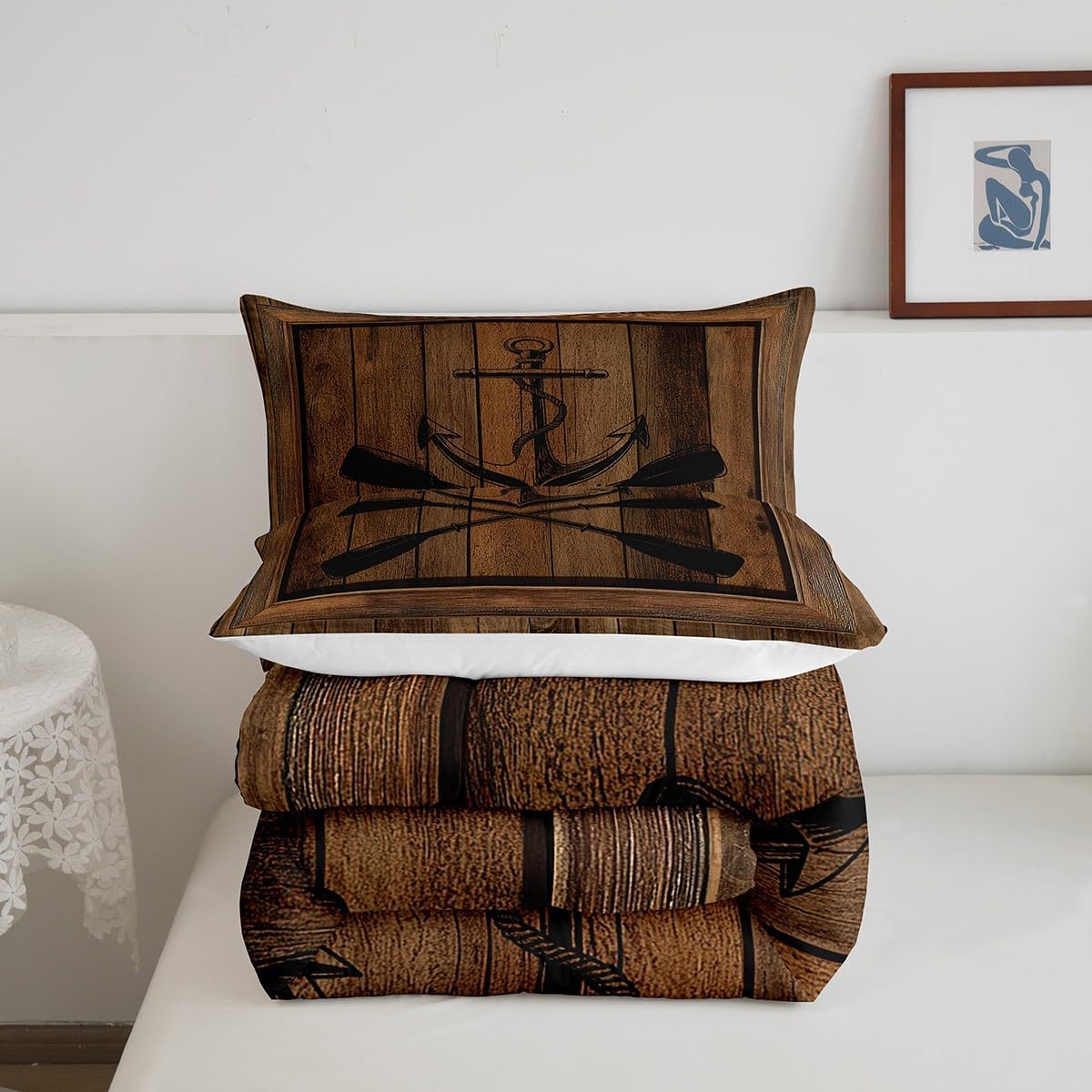 Castle Fairy Nautical Anchor Comforter Set King Size,Lake Life Paddle Go Boating Themed Bedding Set All Season Quilt Set,Brown Retro Rustic Country Wooden Plaid Microfiber Polyester Down Comforter