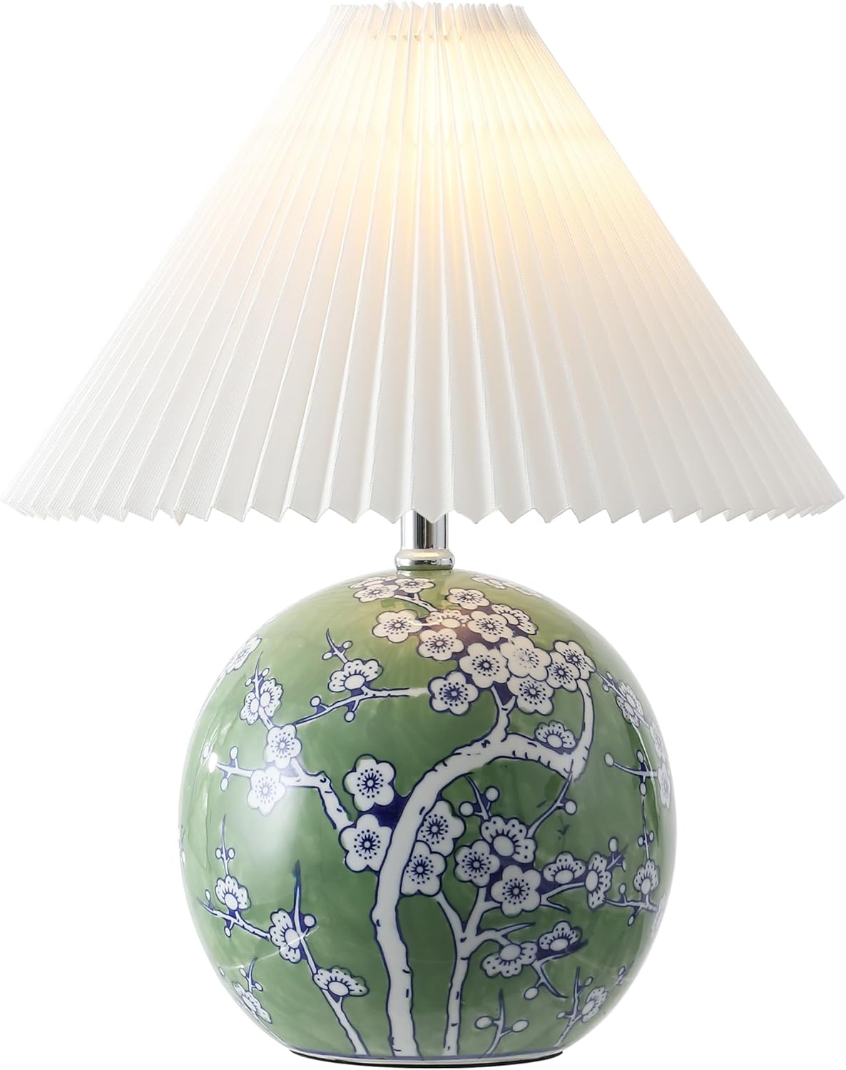 JONATHAN Y JYL5056A Shishen 19.5" Cottage Classic Chinoiserie Ceramic Orb LED Table Lamp with Pleated Shade, Green/White for Bedroom, Living Room, Kitchen, Home Office, Kids Room