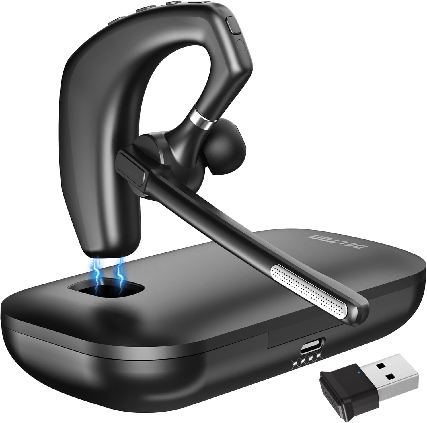 Delton Wireless Headset for Computer with Charging Case, Bluetooth Headset with Noise-Cancelling Mic, Specially Designed for MS Team, Zoom, Google Meet, Driving, and Office – Black