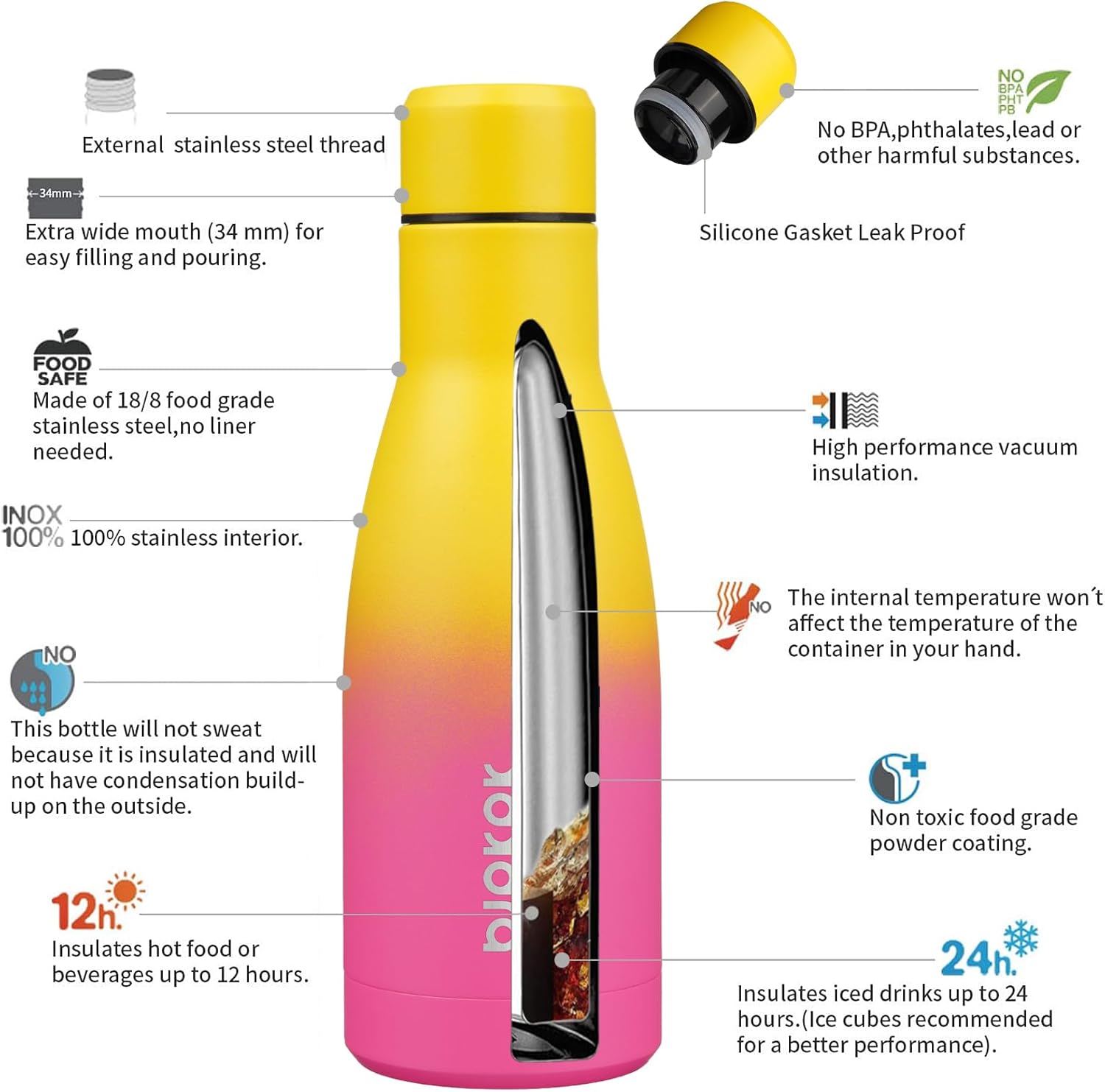 BJPKPK 12oz Water Bottles Stainless Steel Double Wall Vacuum Insulated Small Water Bottles for Travel,Rainbow - Image 3