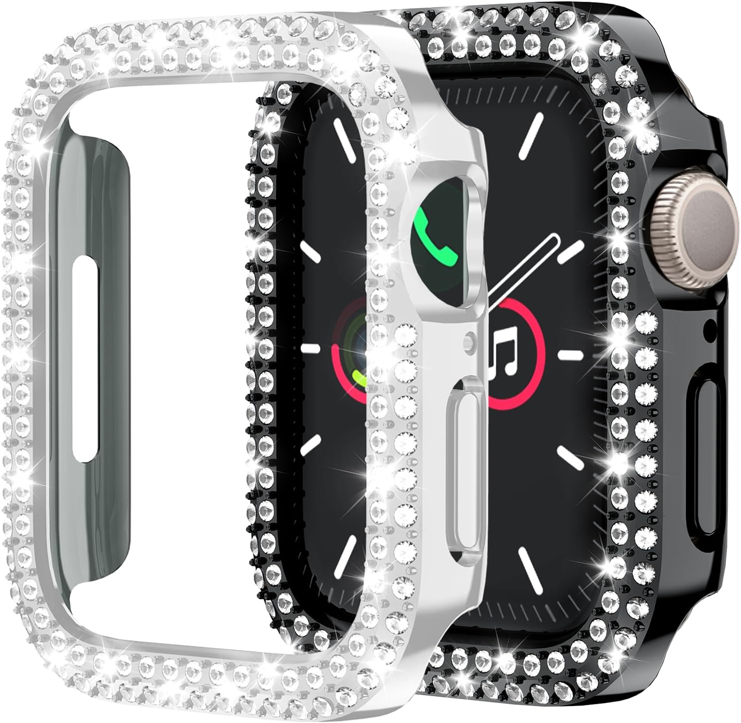 2 Pack [No Screen Protector] Bling Bumper Case for Apple Watch Series 9 Series 7 8 45mm, Women Glitter Diamond Rhineston Bumper Cover for iWatch S9/S8/S7 Accessories 45mm, Black/Silver
