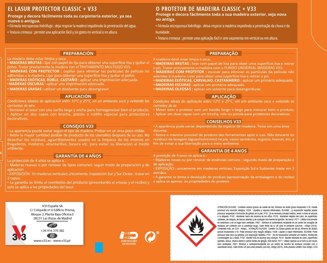 V33 PROTECTOR DECORATIVO DE LA MADERA CLASSIC+ SATINADO ROBLE DORADO 750ML