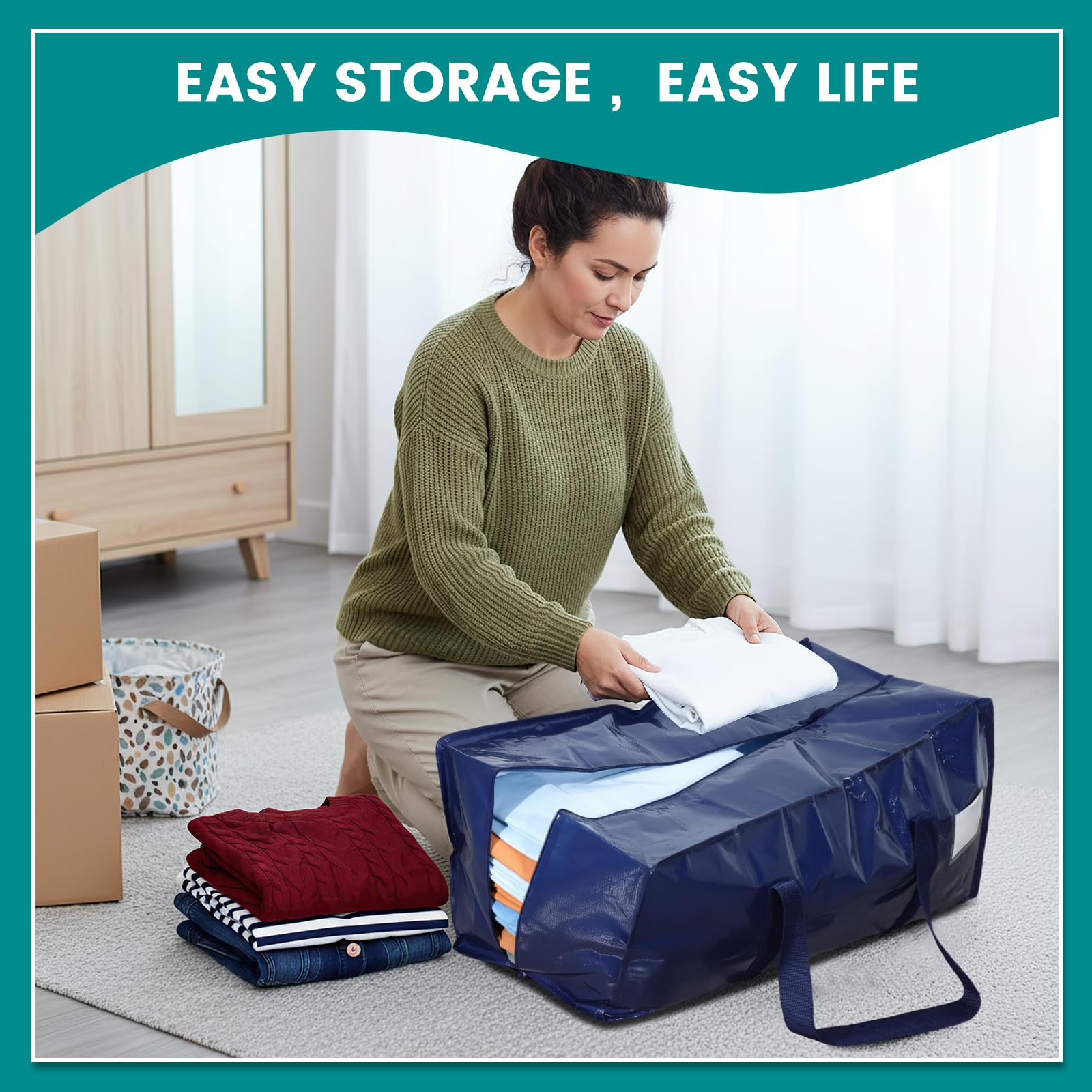 4 Pack Oversized Moving Bags, Heavy-Duty Moving Boxes or Packing Bags with Extra-large Zip Opening, Moving Supplies for College Halls Travelling Camping, Tough Handles, 90L/19.8Gallon, Blue — view 4