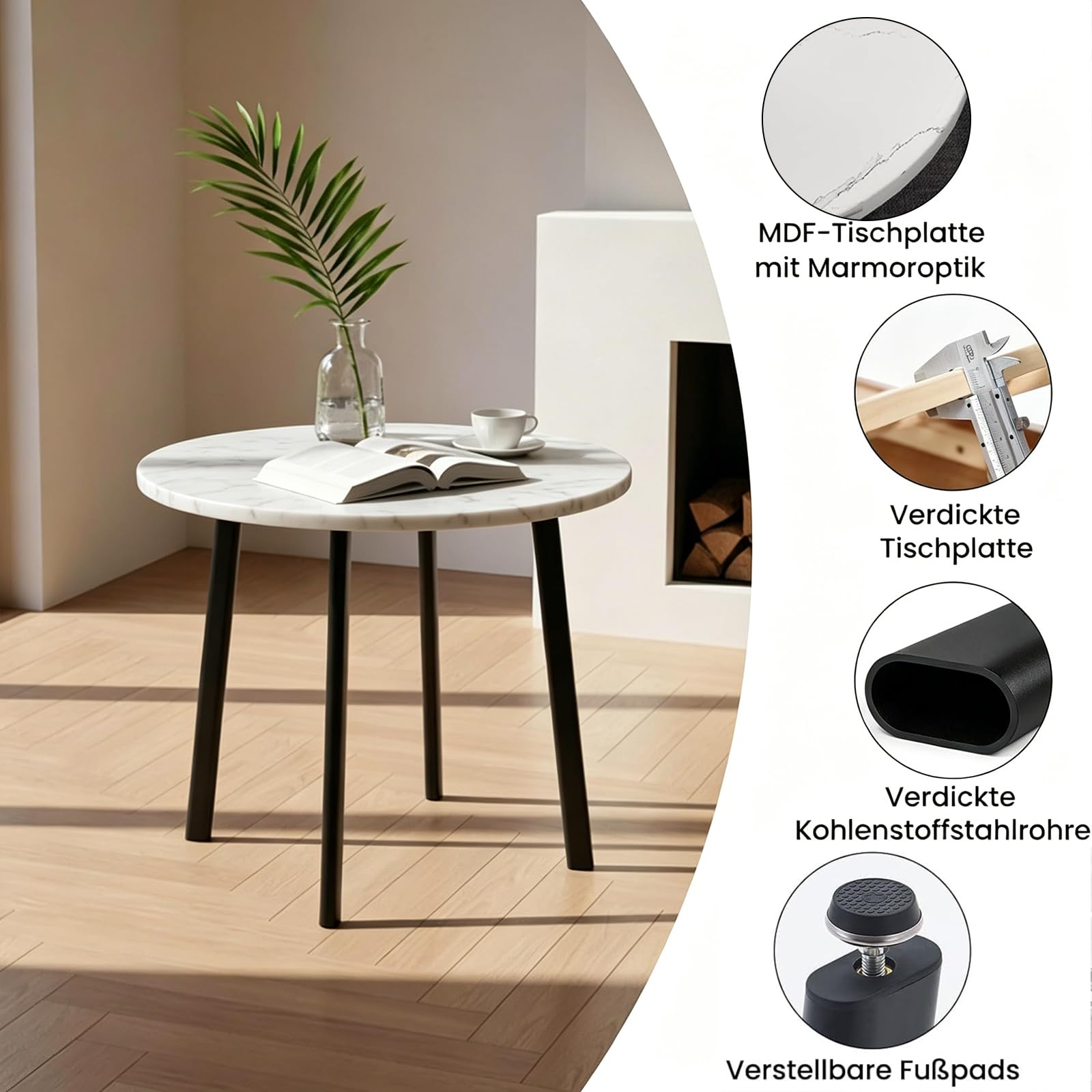 Essgruppe 5-Teilig, Küchenstühle Runder Esstisch und 4 Kunstleder Esszimmerstühle, Küchentisch esszimmertisch 80 cm, für 4-6 Personen, für Esszimmer, Küche, Wohnzimmer, Modern (White-1)