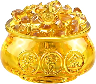 3.15" Golden Ingot Feng Shui Wealth Bowl, Includes 1 Large & 42 Small Ingots in Glass Basin, A Meaningful Gift for Business, Home, or Personal Success 109, 3.95inches
