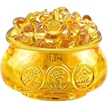 3.95" Golden Wealth Basin with 108 Crystal Ingots, Medium Glass Treasure Bowl for Feng Shui Prosperity, Attracts Abundance in Home or Office
