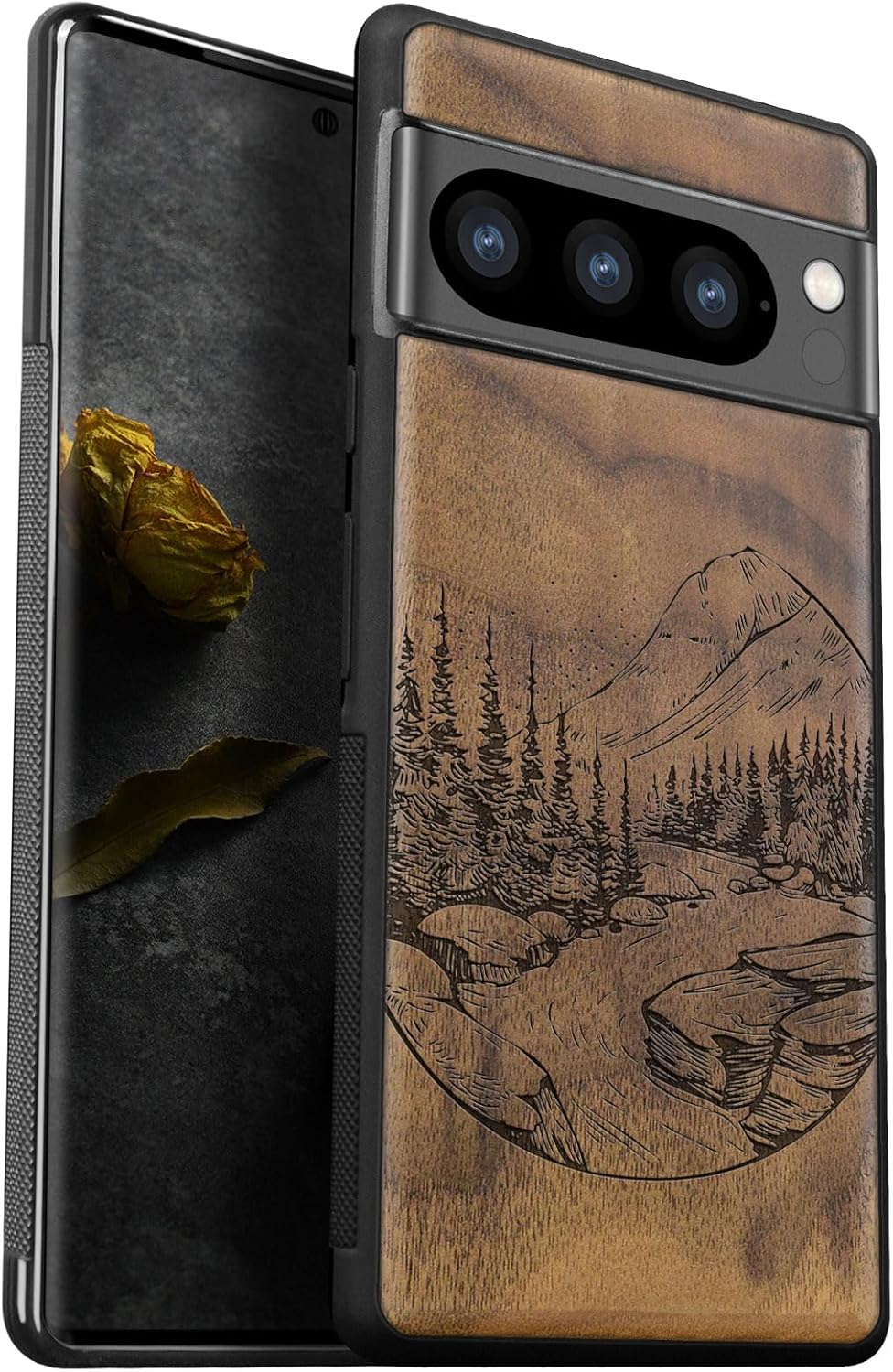 Carveit Wood Case for Pixel 8 Pro Case [Natural Wood & Black Soft TPU] Shockproof Protective Unique Wooden Cover Compatible with Google Pixel 8 Pro (Lake and Mountain-Walnut)