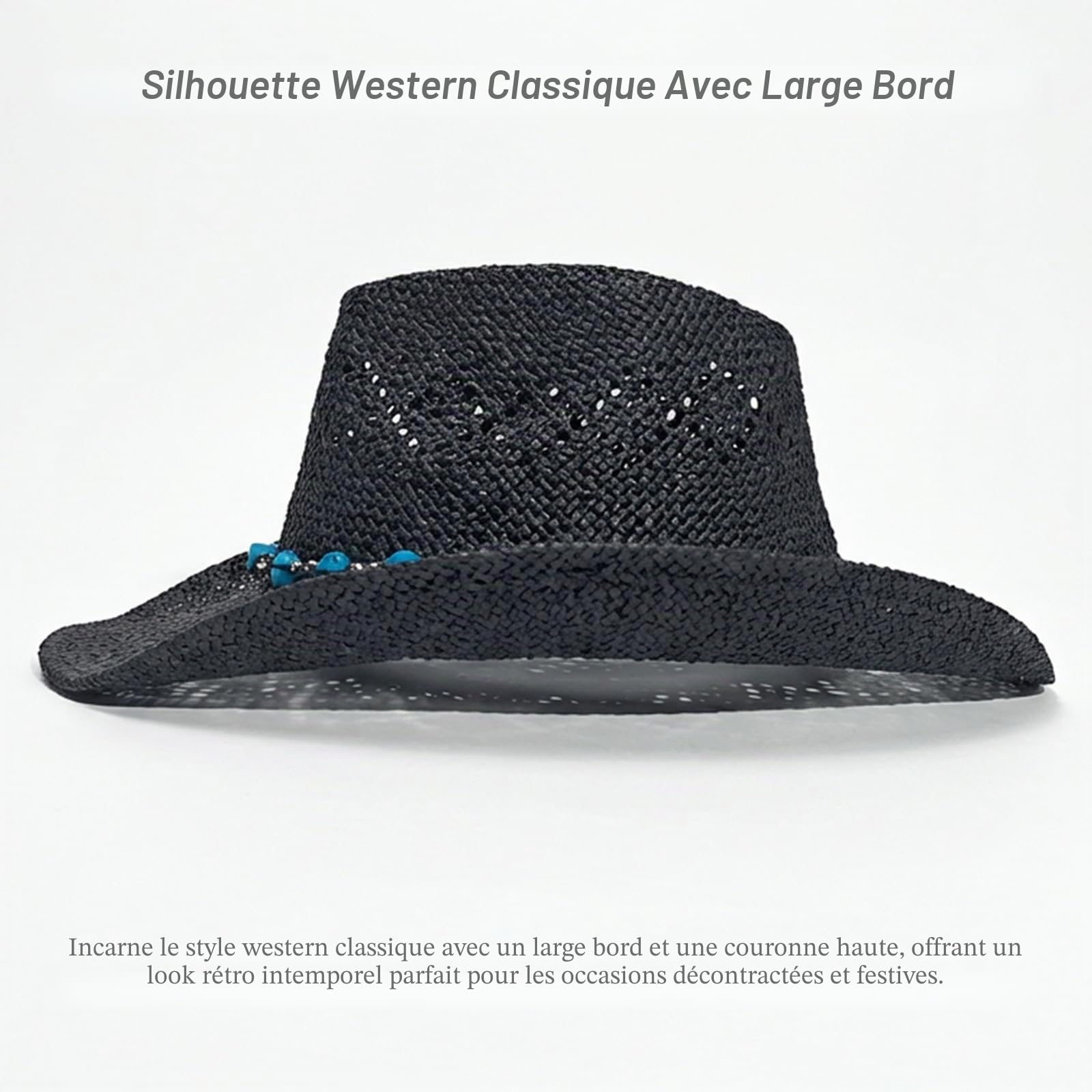 Chapeau de cowboy en paille pour femme - Chapeau de cowgirl western avec bordure en perles et bord malléable
