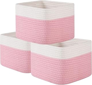 OIAHOMY 3 PACK Cube Storage Bins Storage Baskets Shelf Bins Pink&White | Storage Cubes Cotton Rope Woven Baskets for Organizing Basket for Gifts Storage Baskets for Shelves Cute Baskets