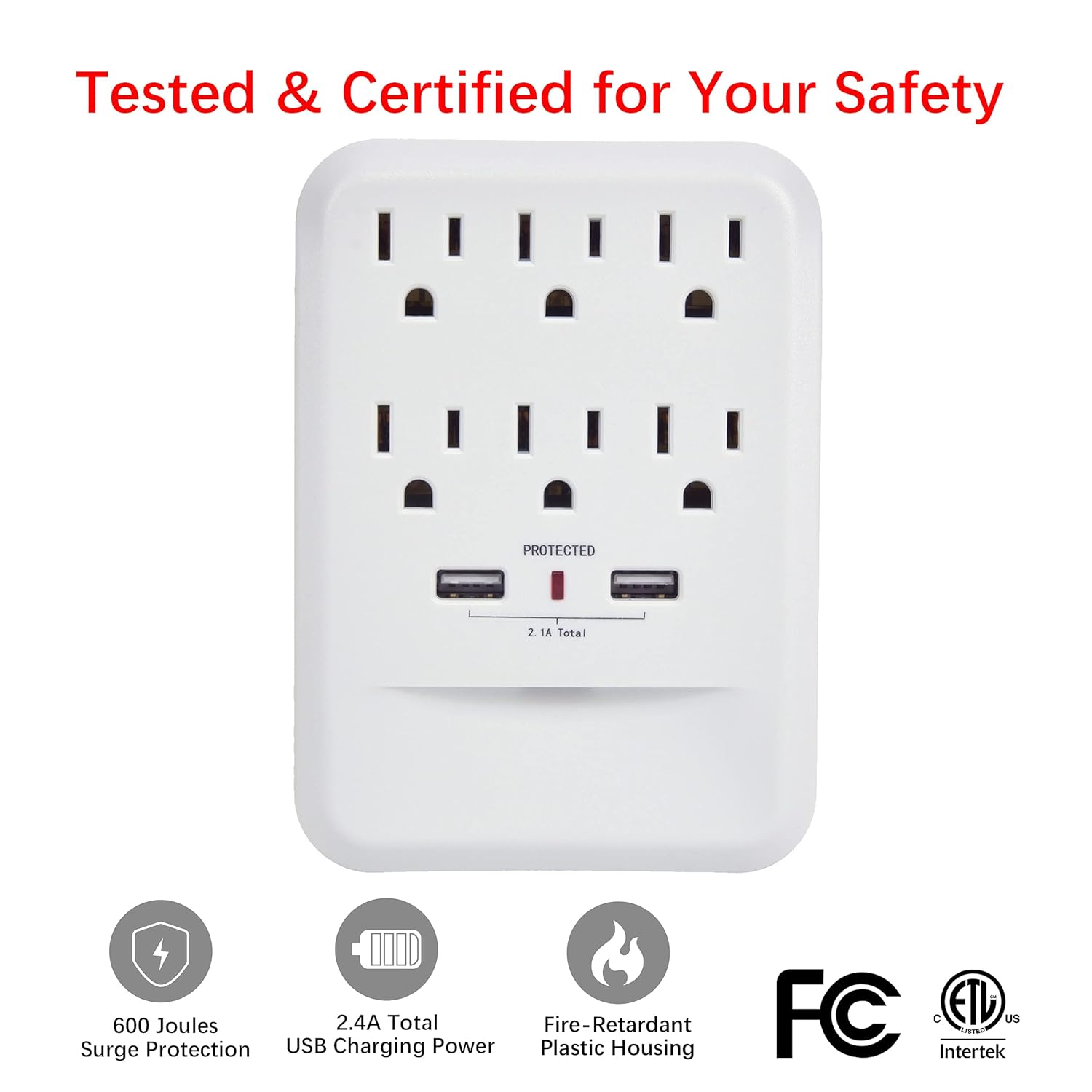 Clear Power 6-Outlet 600 Joule Wall-tap w/2-port USB-A Charger & Nightlight, CP30005