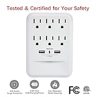 Vista 5 de Clear Power Paquete de 2: 6 tomas de corriente 600 Joule Protector de sobretensiones de pared con cargador USB-A de 2 puertos y luz nocturna