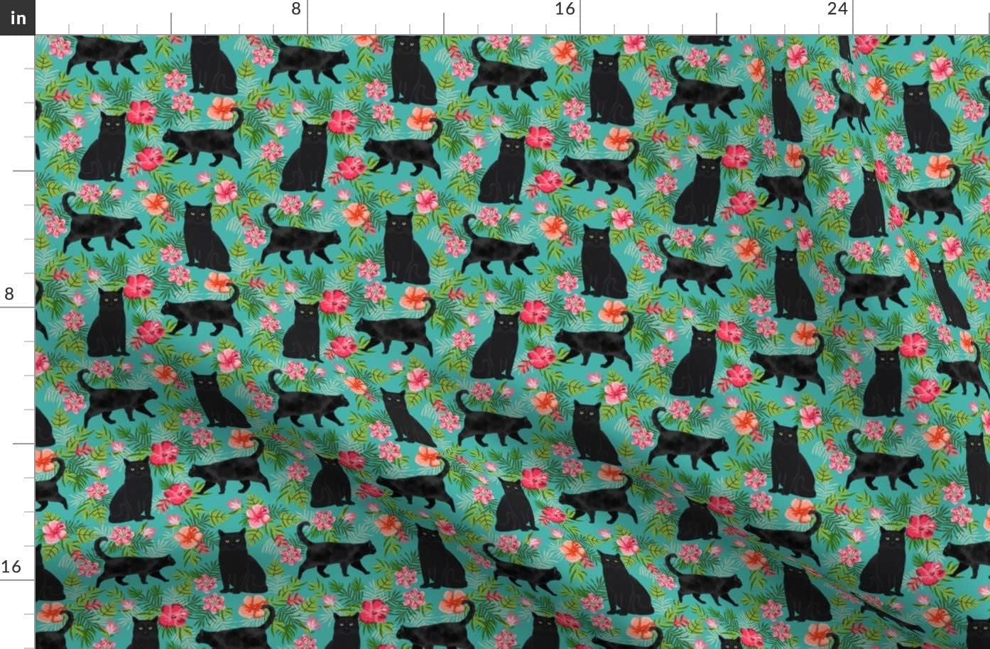 Spoonflower Fabric - Hawaiian, Black Cat, Tropical, Floral, Turquoise, Island, Summer, Printed on Organic Cotton Sateen Fabric by The Yard - Sewing Quilting Apparel Home Decor