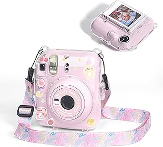 Tefola Instant Camera Case for Fuji Instax Mini12, Transparent Camera Protective Case Camera Bag with Film Bag and Adjustable Shoulder Strap Sticker (Pink)