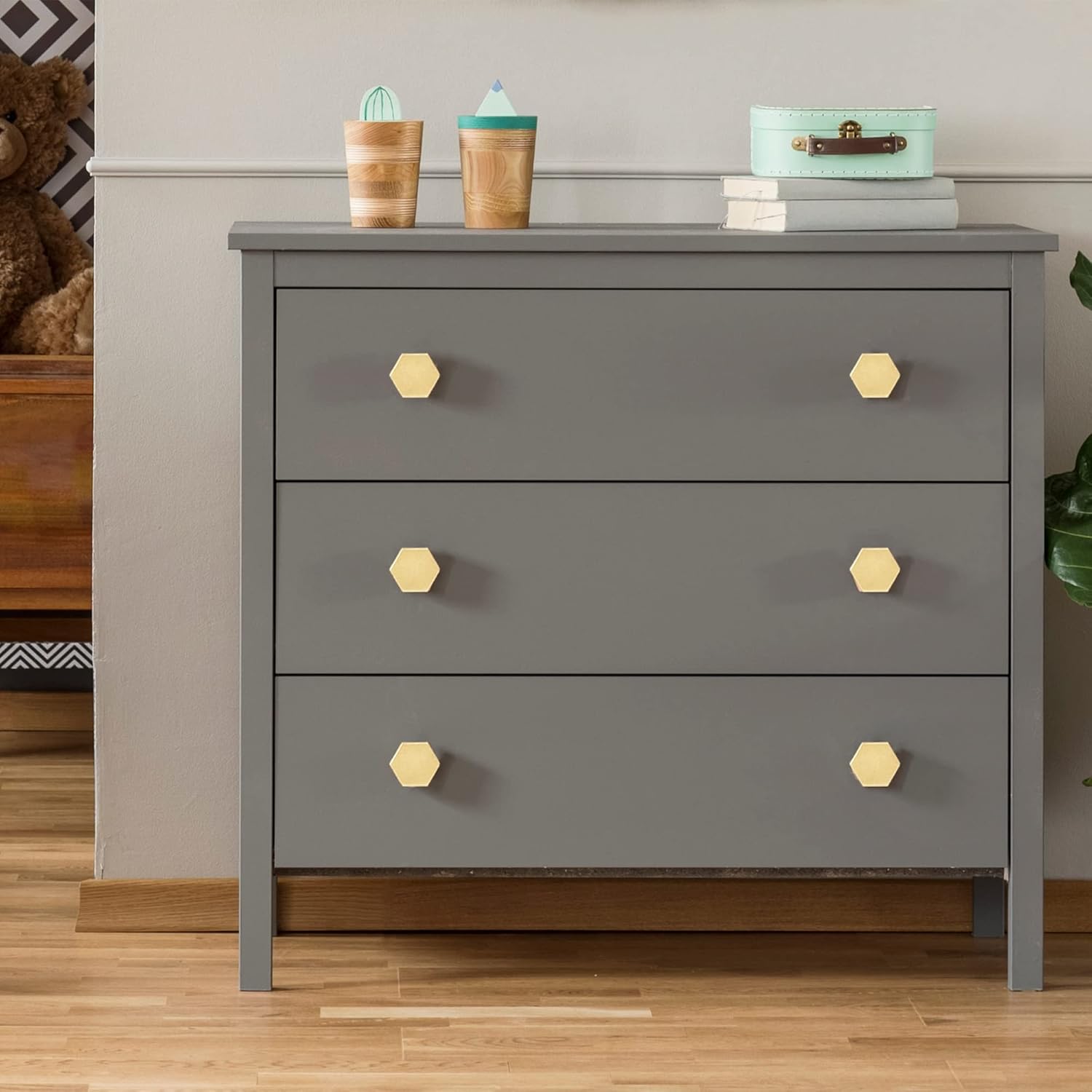 QOGRISUN 10-Pack Solid Brass Cabinet Knobs, Gold Hexagon Knobs for Dresser Drawer, 1.4-Inch Diameter, Modern Kitchen Hardware, Brushed Brass Finish