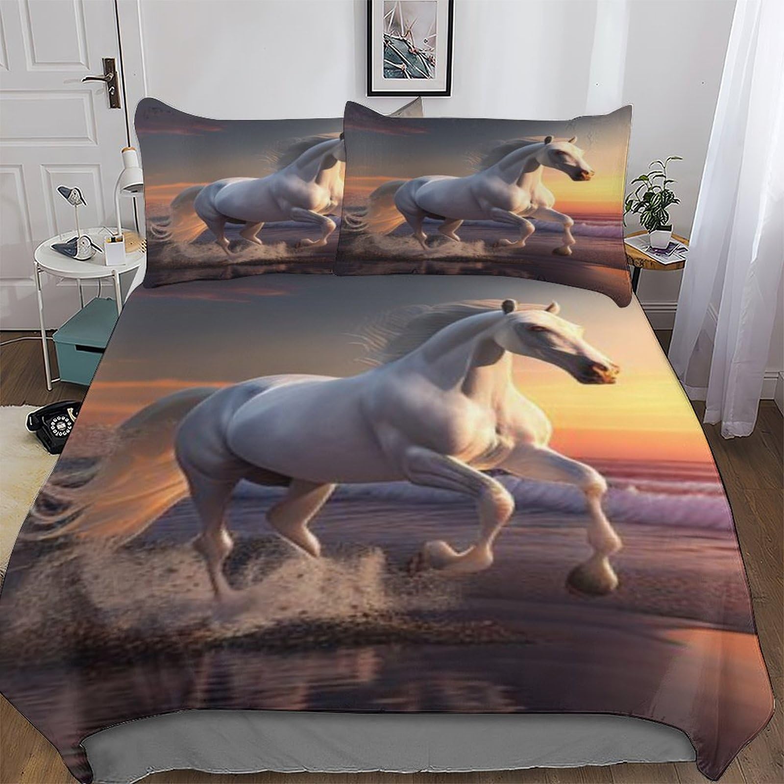Housse de couette cheval 3 pièces ensemble de literie King 220x240cm microfibre