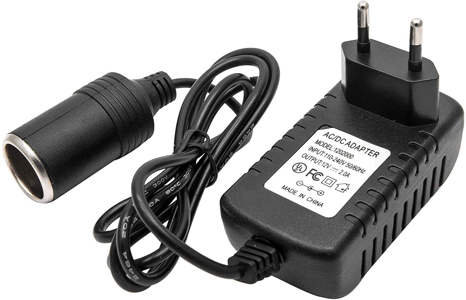 Riloer Adattatore di Alimentazione per Auto, Adattatore per Presa EU da 240 V AC a 12V DC 2A, Convertitore per Presa Domestica