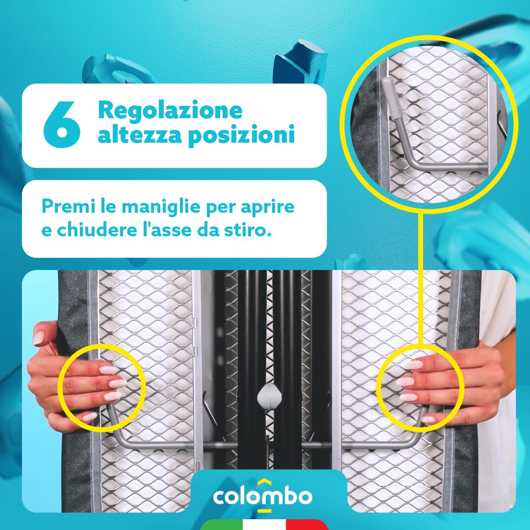 Colombo | Stella Asse da Stiro 120x124cm Porta Caldaia 10kg Portabiancheria | Tavola da Stiro Pieghevole Altezza Regolabile Max 95cm | Copri Asse da Stiro in Cotone Biologico | Made in Italy