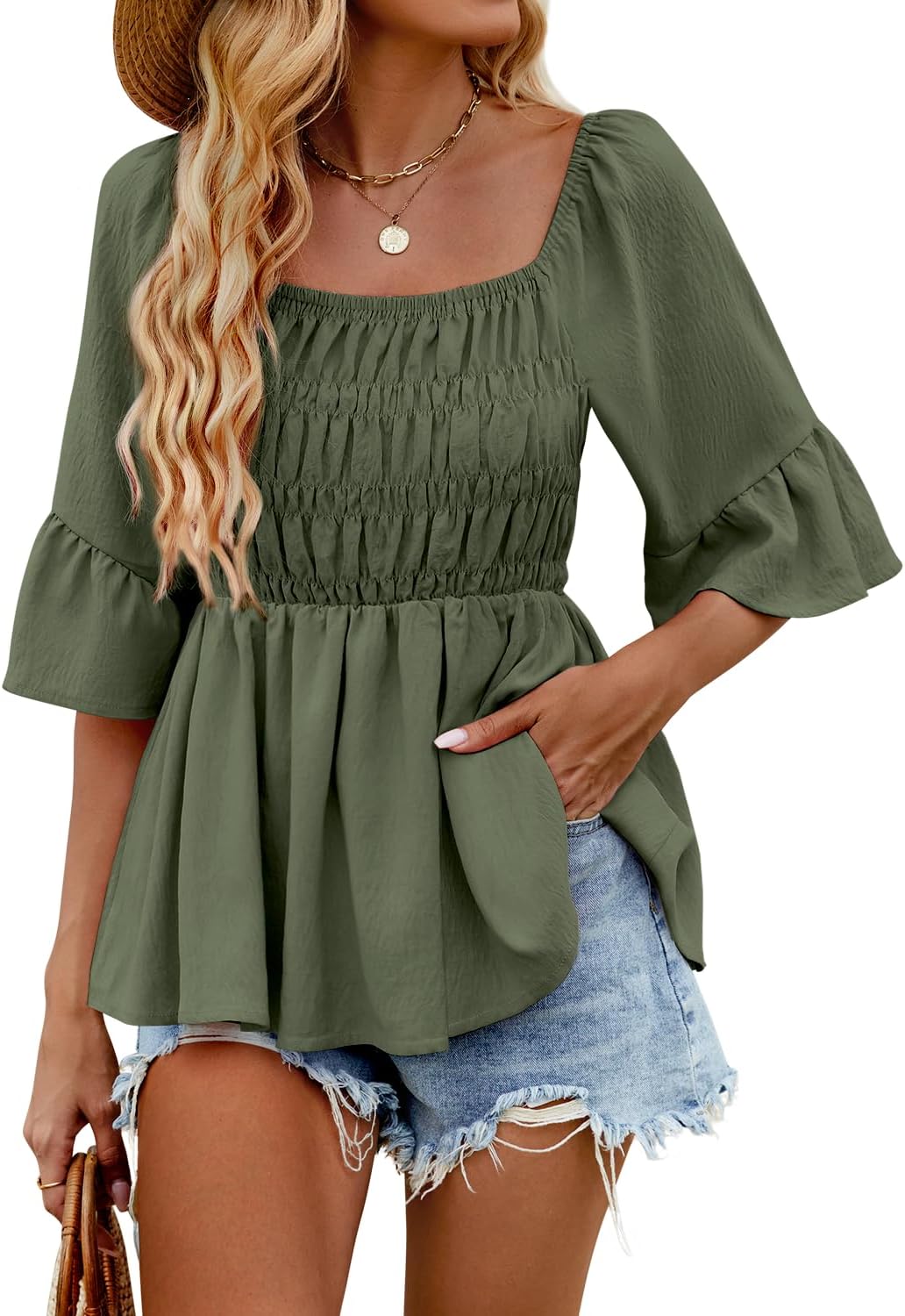HEYTALALA Womens 3/4 Sleeve Tops Dressy Casual Square Neck Summer Peplum Blouses Ruffle Sleeve Babydoll Shirts 2025 Trendy