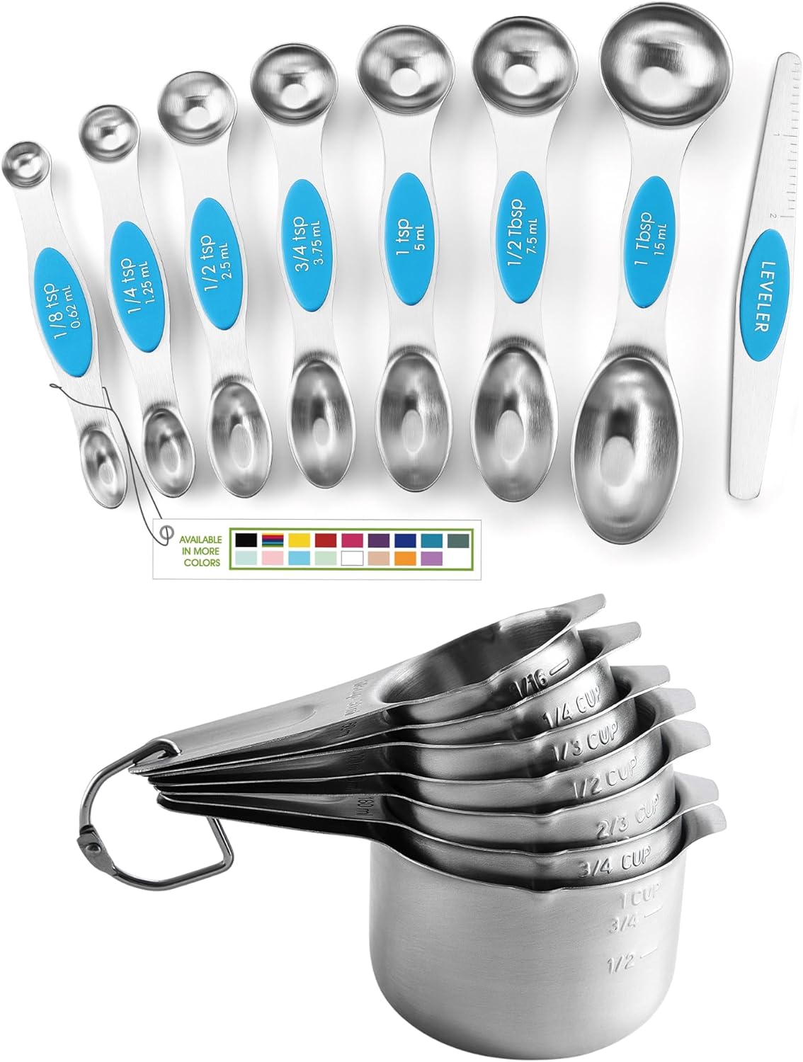 Spring Chef Dual Sided Magnetic Measuring Spoons Set, Teal, Set of 8 & Stainless Steel Measuring Cups, Set of 7-2 Product Bundle