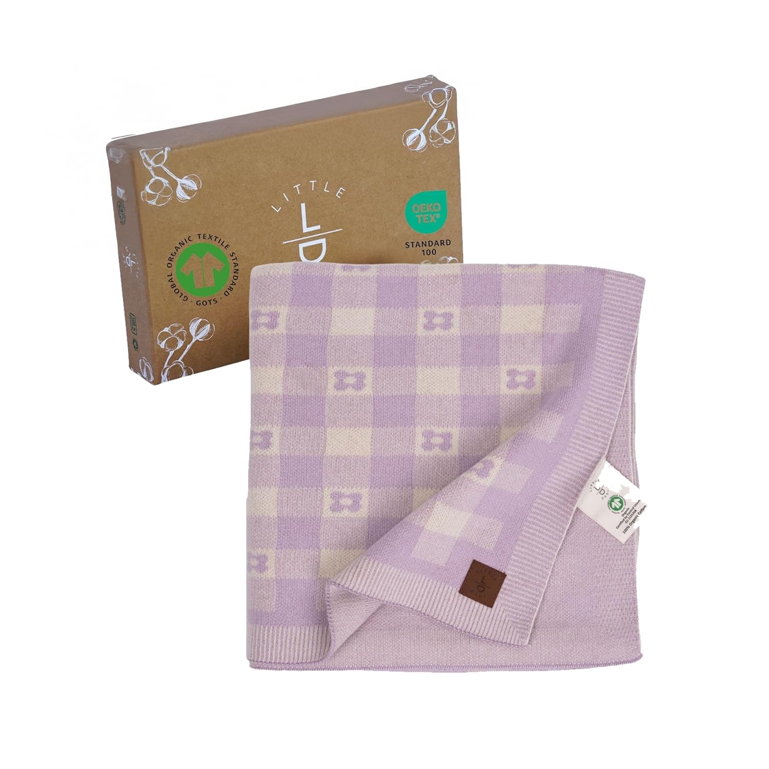Little Dedi Gender-Neutral Checkered Baby Blanket 30x40 Inches, Lavender – 100% Organic GOTS Certified Cotton, Soft and Lightweight, Cloud Pattern Design, Perfect for Swaddling