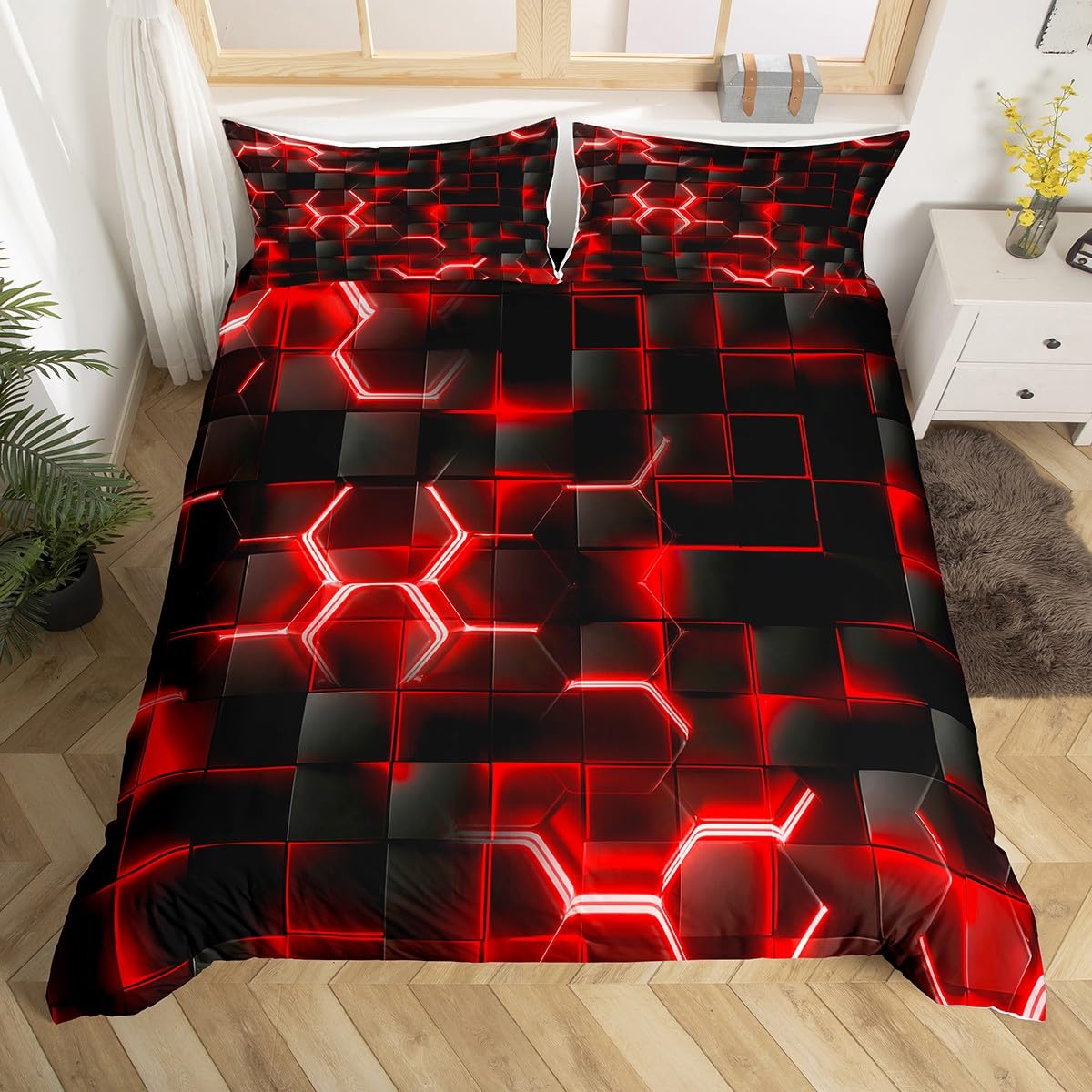 Loussiesd Red and Black Bedding Duvet Cover Set Honeycomb Bedding Set for Kids Boys Girls Hexagon Theme Comforter Cover Set Geometrical Beehive Bedspread Cover No Comforter Double — image 1