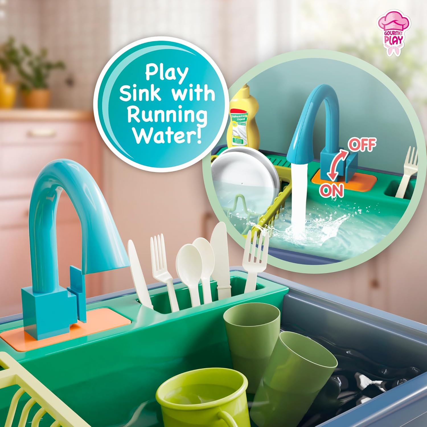 Lollipop Kitchen Sink Playset – 15-Piece Toddler Set with Sink, Dishes, Soap, Brush, and Running Water – Ideal for Kids Ages 3+ – Safety Tested Gourmet Play for Fun and Learning