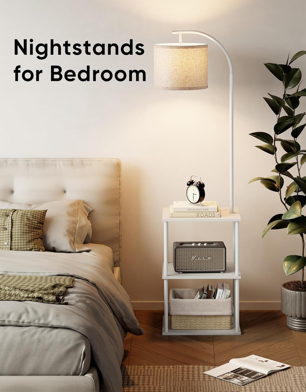 PARTPHONER Floor Lamp with Table, Night Stand with Lamp, Narrow Side Table with 3CCT LED Bulb, Small Coffee Table, Modern End Table with Storage Shelves for Living Room Bedroom Home Décor, White