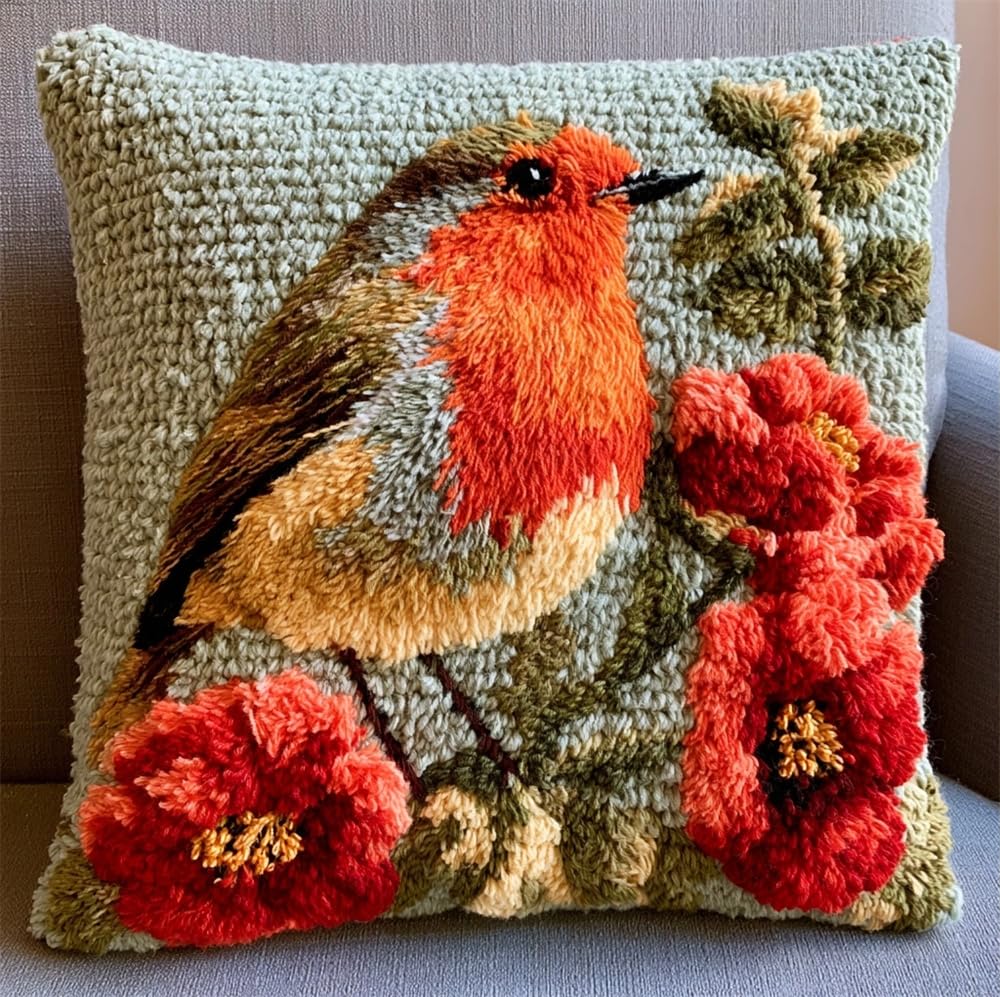 kitphoenix Latch Hook Kit Cushion Cover Robin and Flowers