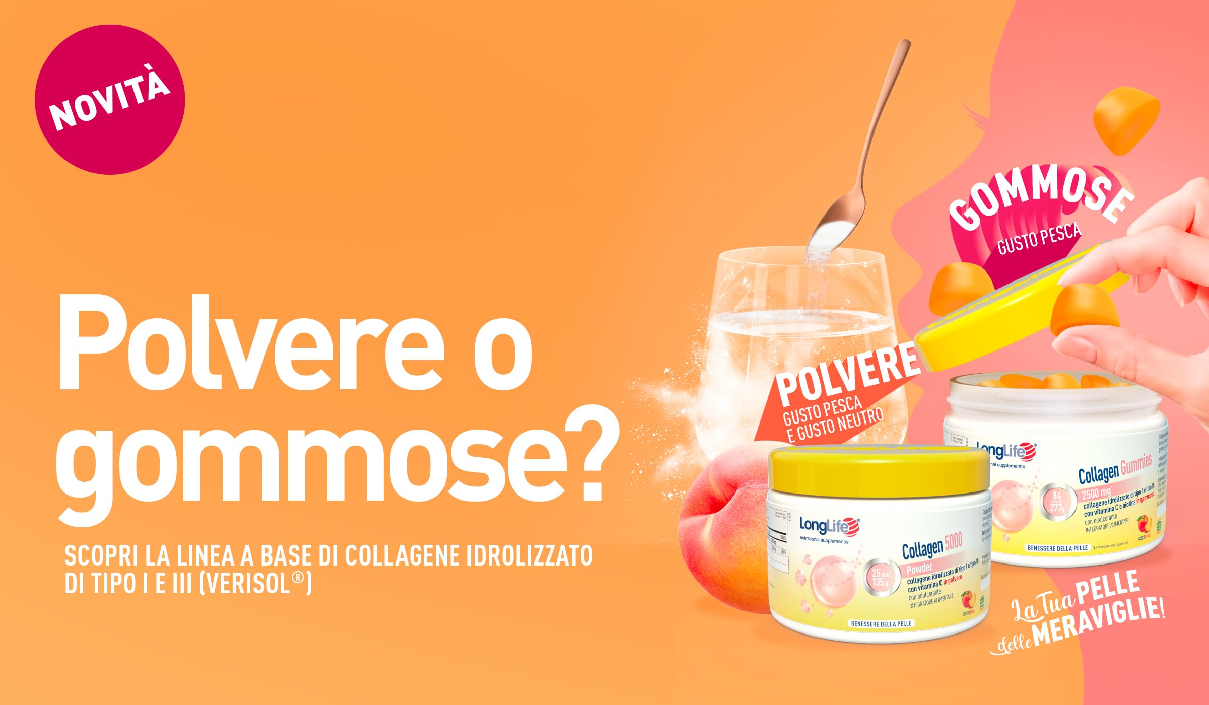 LongLife® Collagen 5000 Powder | 5000 mg di collagene idrolizzato di tipo I e III in polvere Verisol®| Con vitamina C | Benessere della pelle | 25 dosi | Gusto pesca e senza glutine