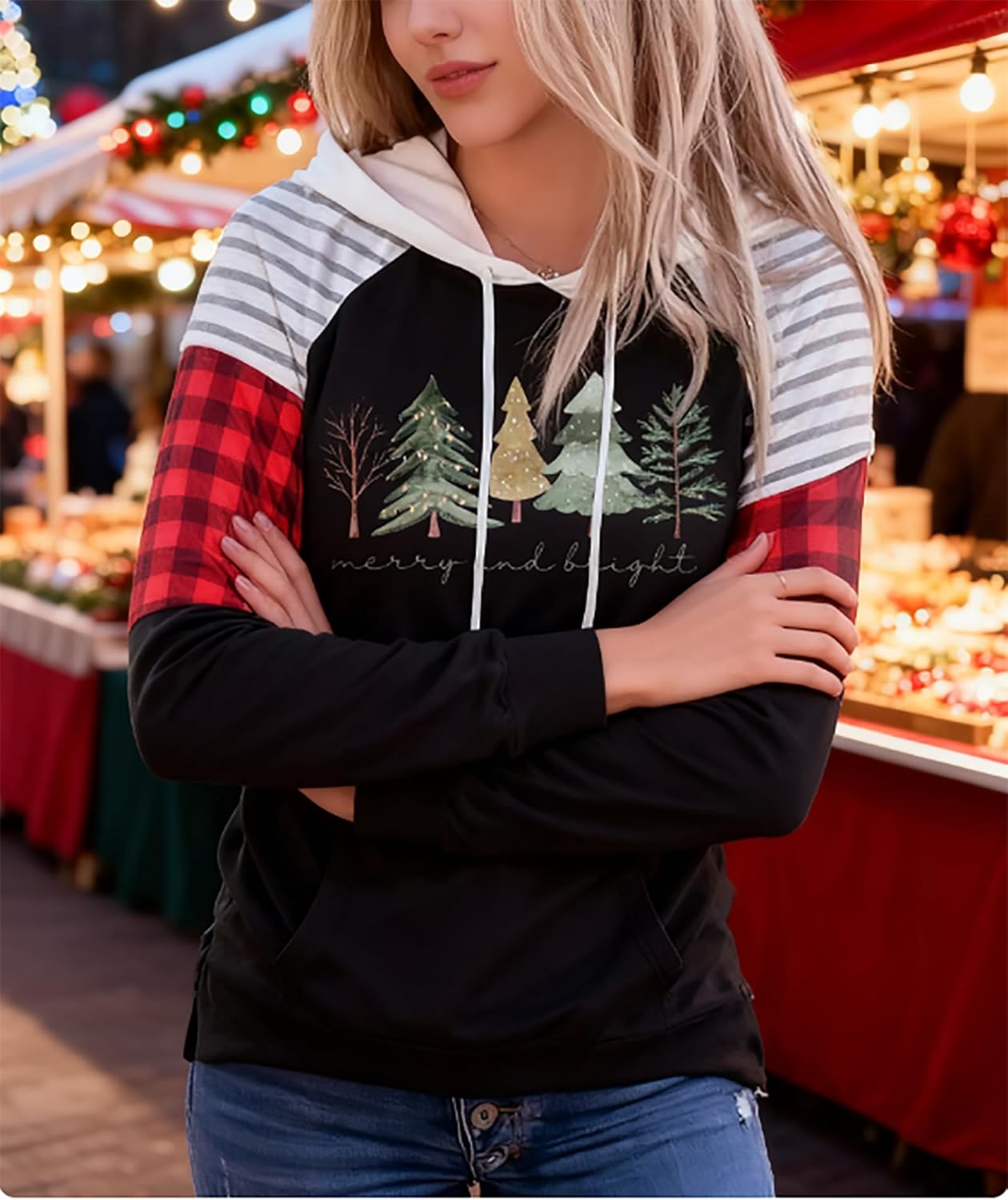 BOMYTAO Christmas Tree Print Fashion Hoodie Merry Christmas Holiday Long Sleeve Casual Pullover Top - Image 5