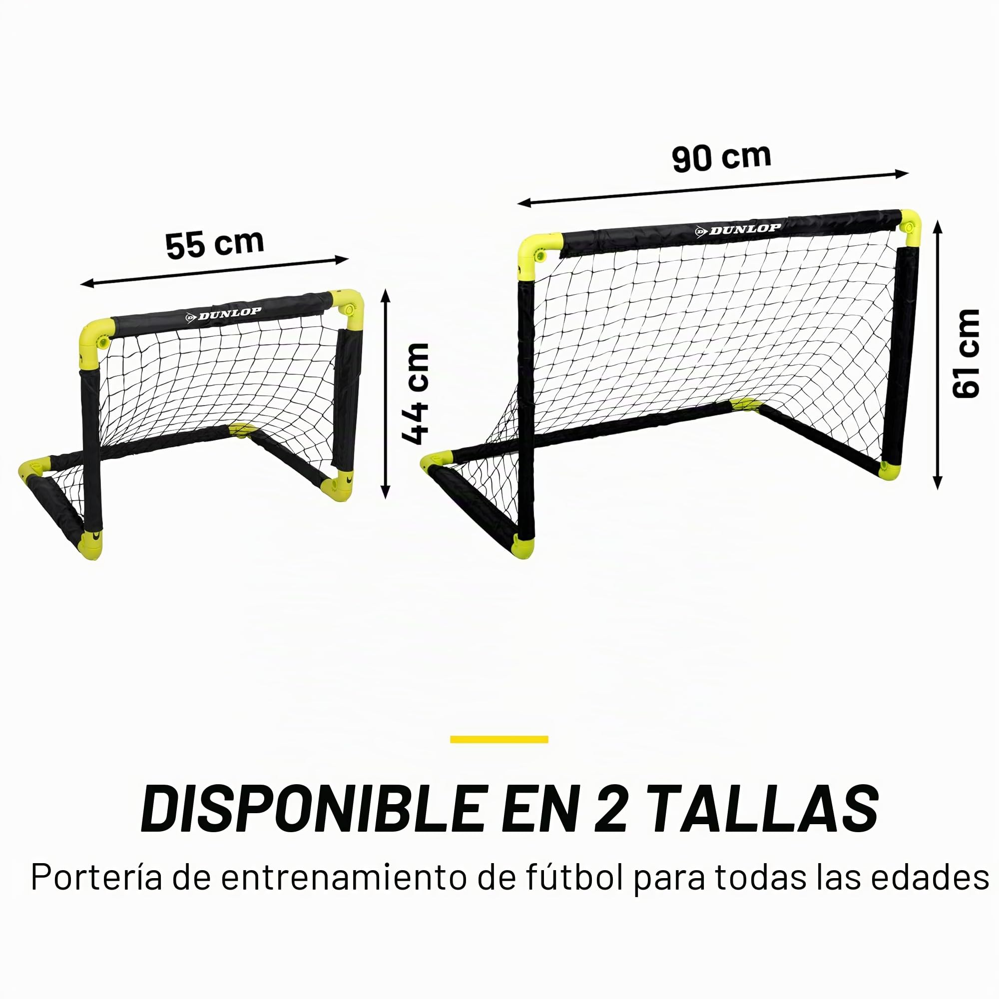 Dunlop Portería de fútbol plegable 50x44x44 cm Juego de 2 Kit de entrenamiento interior exterior Negro/Amarillo