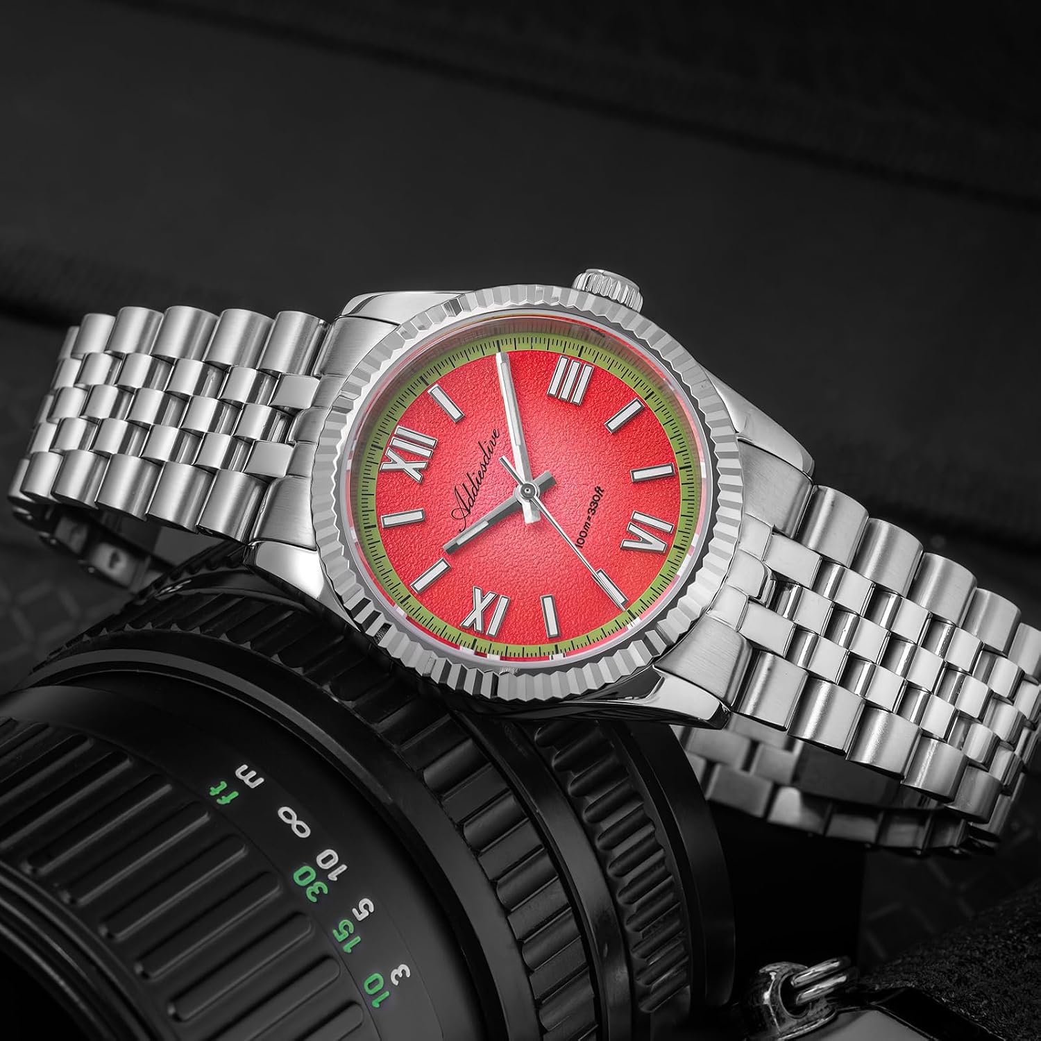 ADDIESDIVE Ultra-Thin Luxury Men Women Watches Kiwi Green/Lemon Yellow/Watermelon Red/Blue Dial Synthetic Sapphire Fluted Bezel VH Quartz Sweep Second Unisex Watch