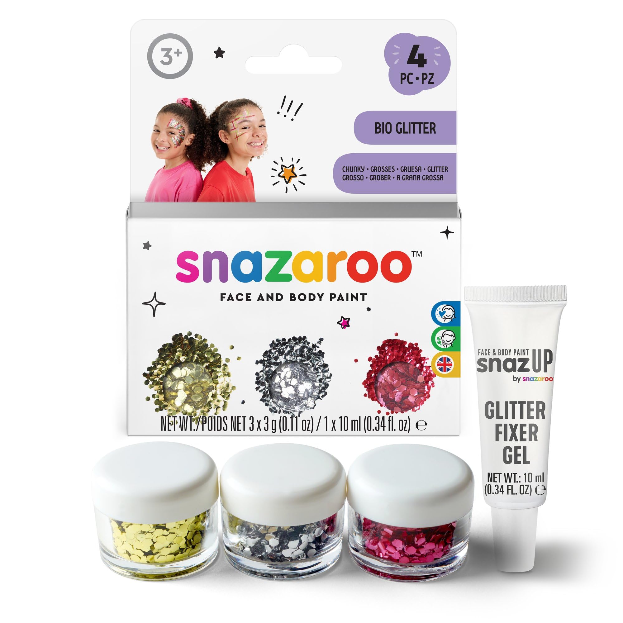 Snazaroo Bio Glitter, Purpurina Biodegradable Gruesa - Set 3 x Chunky + Gel Fijador