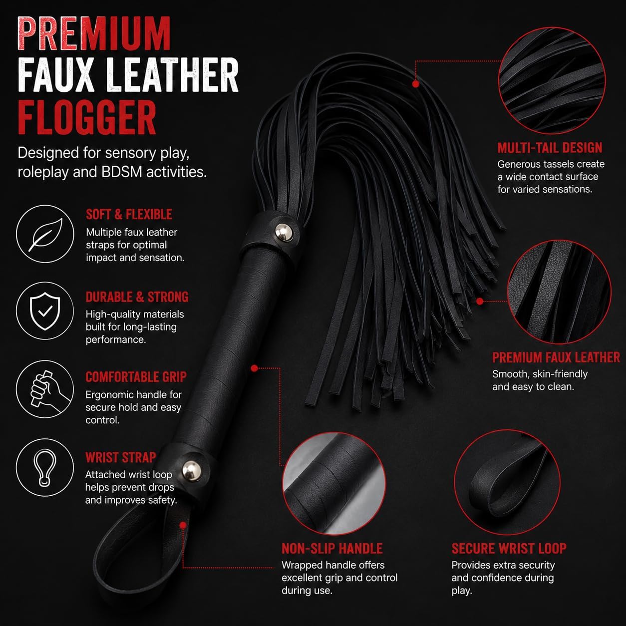 Leather Flogger BDSM Tassel Whip, Faux Leather Multi-Tail Sensory Play Flogger with Non-Slip Handle and Wrist Loop, Bondage Roleplay Accessories for Couples