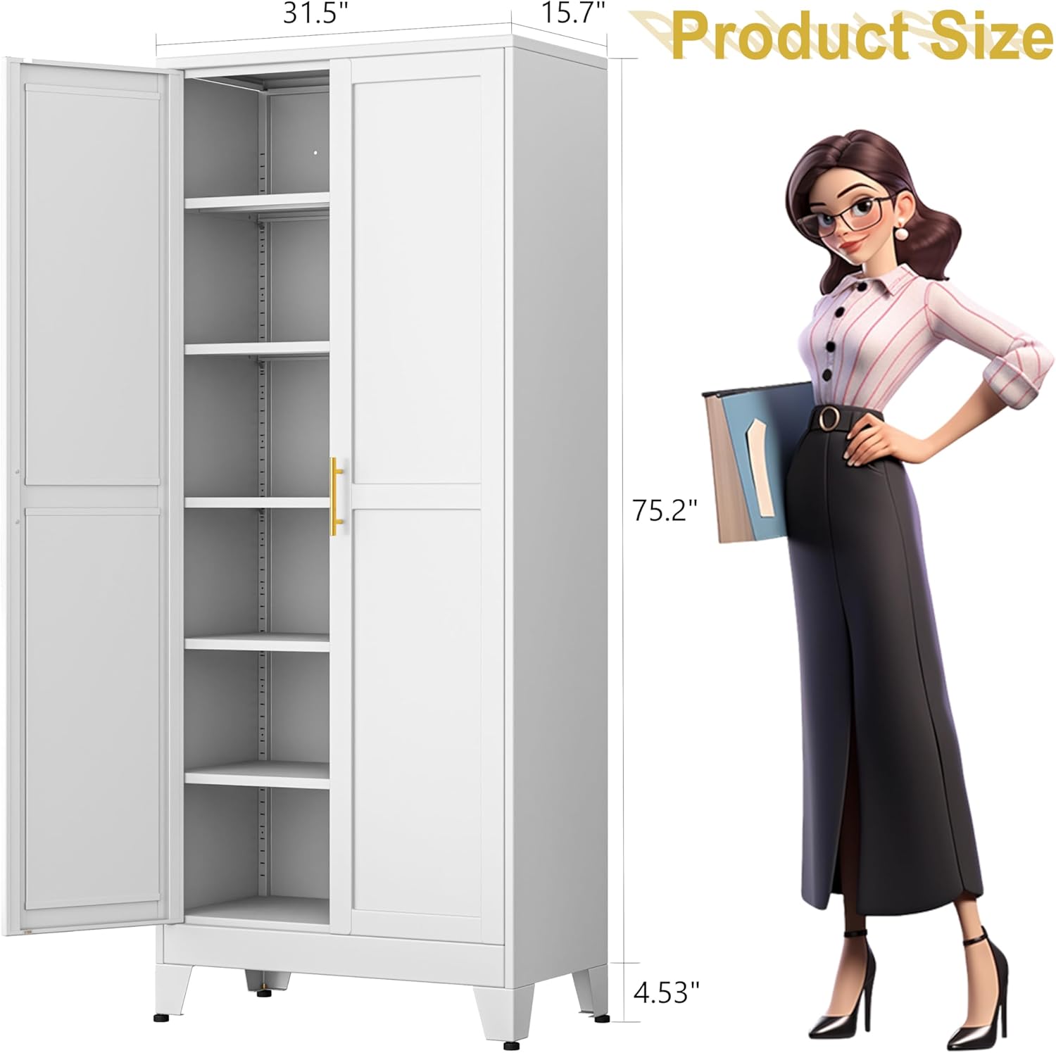 75” Tall Pantry Cabinet, Metal Kitchen Storage Cabinet with 2 Doors and 5 Adjustable Shelves, White Storage Cabinet Cupboard for Kitchen, Dining Room, Living Room and Bathroom (White)