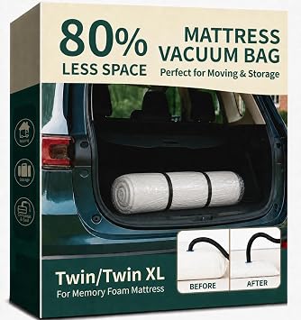 Memory Foam Mattress Vacuum Bag for Moving and Storage Heavy Duty Compression Bag with Straps, Vacuum Bag for Memory Foam Mattress Twin/Twin-XL, 2 Straps