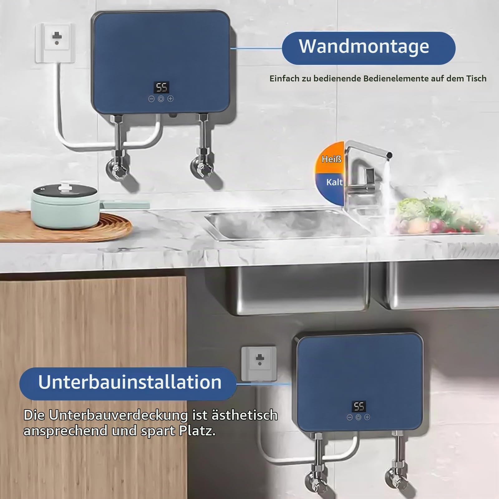 Mini Elektrische Durchlauferhitzer 220V 6000W Warmwasserbereiter mit LED Temperaturanzeige,Instant Durchlauferhitzer für Küche Bad (6kW)